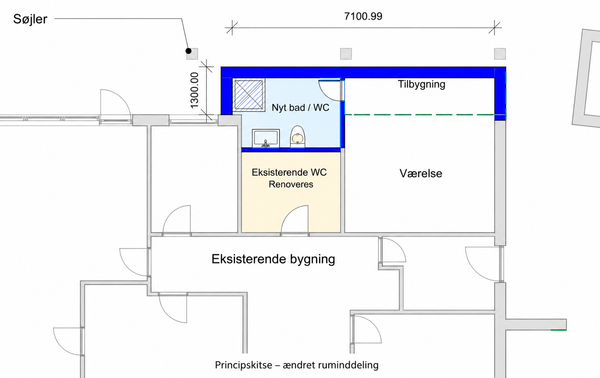 Tilbygning med bad/toilet og renovering af toilet