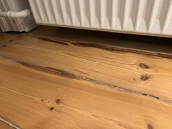 Kontrol af fugtskade under gulv efter radiatorlæk